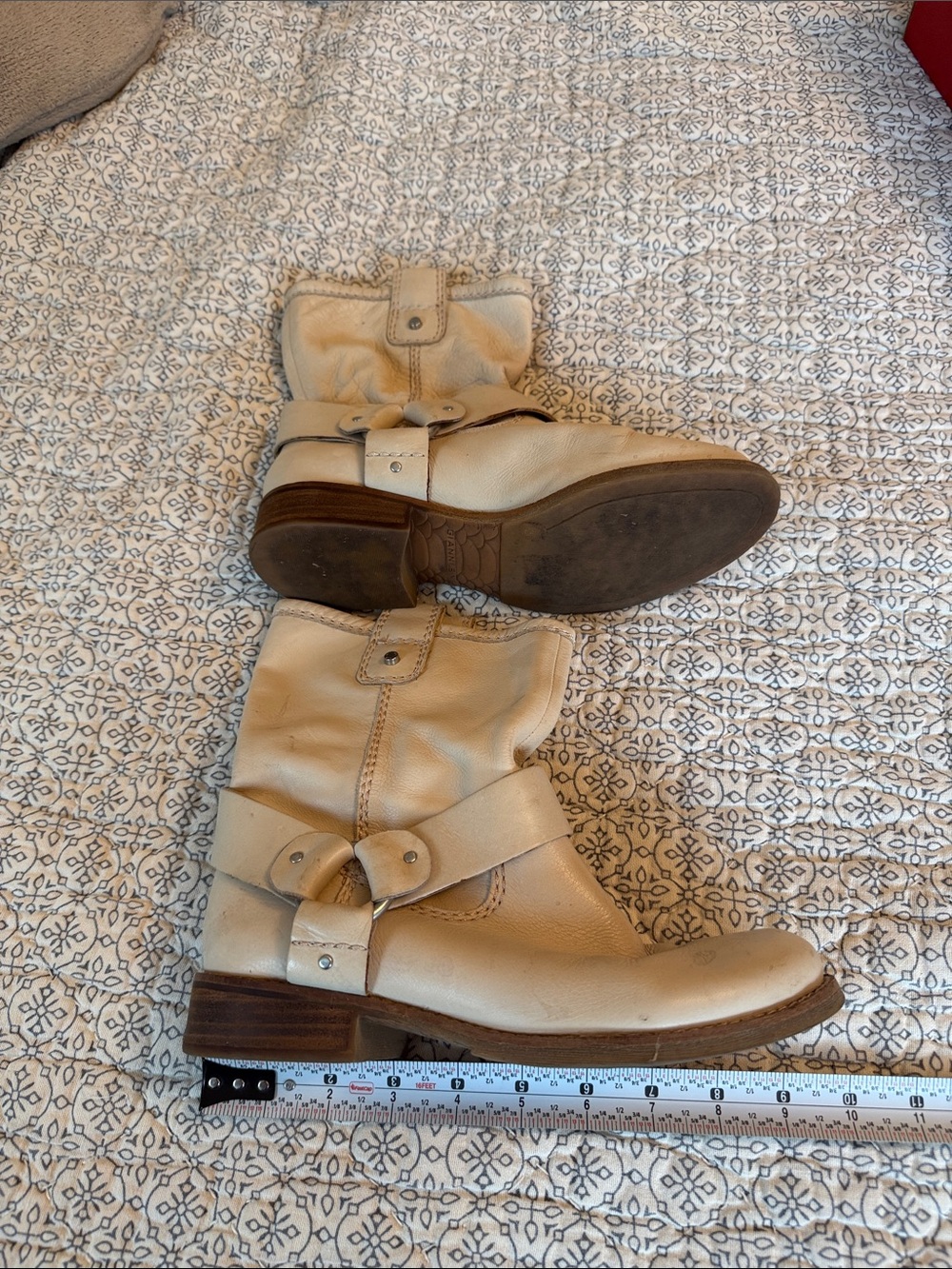 Cream Leather Harness Ankle Boots with Ring Accent